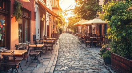 Obraz premium Charming Cobblestone Street with Outdoor Cafes at Golden Hour Light