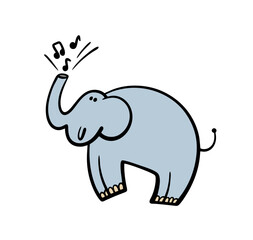 Cheerful elephant jumps, raises its trunk and blows a tune. Vector illustration of   circus act, an animal performing a song. Isolated character on white background.