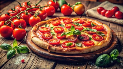 Delicious tomato pizza, presented in a nostalgic, vintage-style food photograph.
