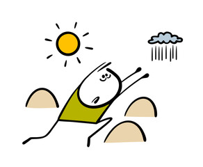 Unfortunate stickman dying of thirst, stretching hands to the sky, to ain cloud in distance. Vector illustration of a man in the desert among the sand, the hot sun and the mirage of water.