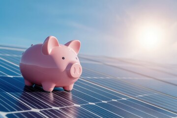 Pink piggy bank on solar panels symbolizing energy savings and renewable investment