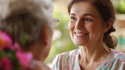 Fototapeta premium Professional helpful caregiver comforting smiling senior woman at nursing home