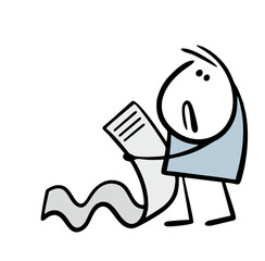 Tired secretary at work keeps a long list of assignments. Vector illustration of a stickman and a piece of paper. The man suffers and reads the message. The business plan for tomorrow. 