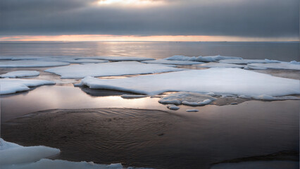 Fototapeta premium Melting ice patches in calm water, symbolizing climate change and environmental issues, concept