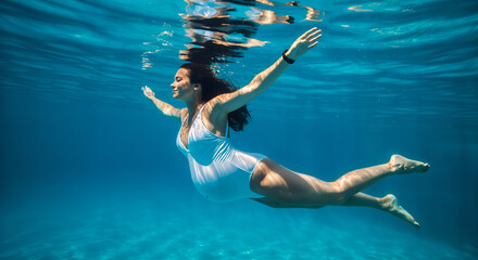 Pregnant Woman in White One-Piece Swimsuit Swimming Underwater - Concept of Water Health and Birth
