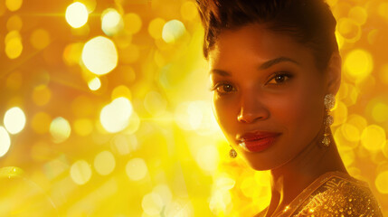 Fototapeta premium Elegant woman with glamorous makeup and golden background, exuding confidence and charm. warm tones and sparkling lights create festive atmosphere