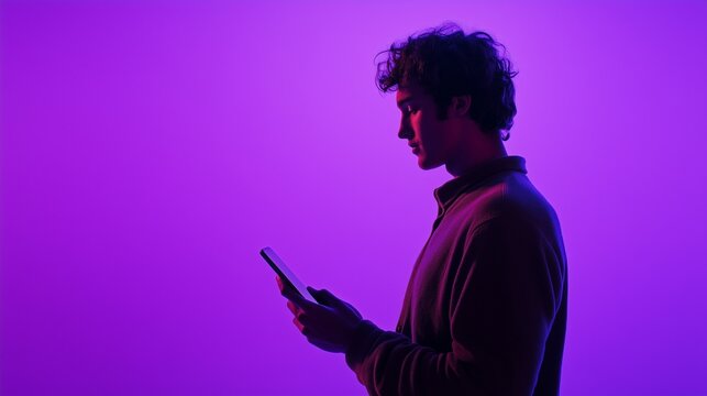 Man with phone in front of purple light. Man with purple phone. Background image of a computer generated by an ai. A person holding a phone in front of a lifestyle purple light.