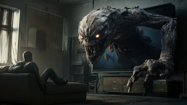 Horror movie scene with giant scary monster comes out of tv screen in dark room, creepy creature against man watching television. 