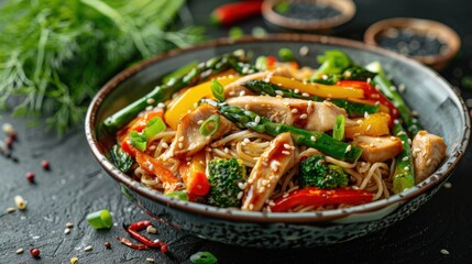 Mouthwatering Asian noodles with chicken, asparagus, colorful peppers, sesame seeds, and soy sauce on dark concrete background