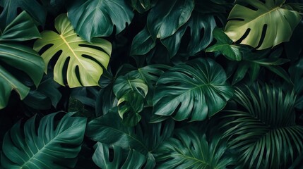 Lush tropical foliage backdrop, green leaves, nature texture, design element