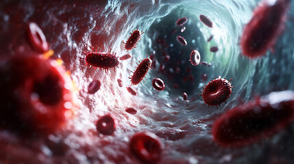 A microscopic view of parasites in the bloodstream, surrounded by red blood cells and immune responses trying to fight them off 