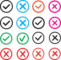 Check mark icon button set. Check box icon with right and wrong buttons and yes or no checkmark icons in green tick box and red cross.