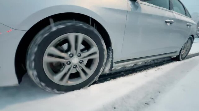 A car struggles going uphill during a snowstorm in the northeast. Front wheel drive vehicle has a hard time getting traction. Pittsburgh suburbs. Shot at 60fps for optional slow motion use.	