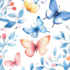 Watercolor Floral Butterflies Seamless Pattern