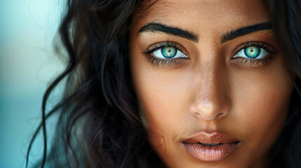Obraz premium close up portrait of woman with striking green eyes and dark, wavy hair. Her skin has warm tone, and she exudes confidence and beauty