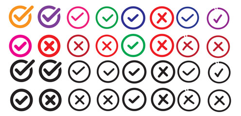 Check mark icon button set. Check box icon with right and wrong buttons and yes or no checkmark icons in green tick box and red cross.