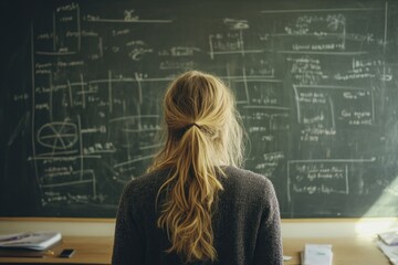 Woman Engaged in Learning or Teaching with Chalkboard Full of Diagrams and Mathematical Equations
