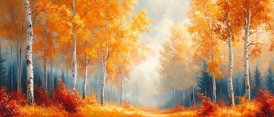 Fototapeta premium A stunning handpainted autumn landscape in the Impressionist style, featuring semiabstract trees with yellow and red leaves, aspen forest, serene natural beauty, 4K