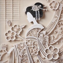 geisha silhouette with intricate layered paper art details