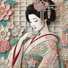 Japanese geisha in traditional kimono holding a fan, showcasing beauty, culture, and elegance