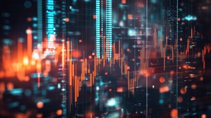 Creative glowing big data forex candlestick chart on blurry city background. Trade, technology, investment and analysis concept. Double exposure