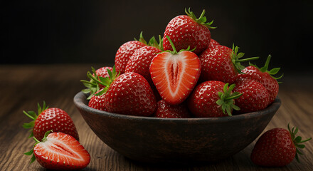 Fresh strawberries in a wooden bowl with a dark background