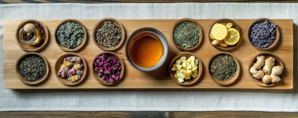 Obraz premium Wooden tray of assorted herbal teas and ingredients