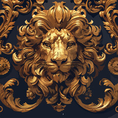 Golden lion head with ornamental mane on black,