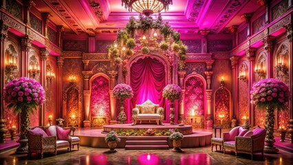Obraz premium Explore this elegant pink gold wedding stage; an urban photography backdrop awaits.