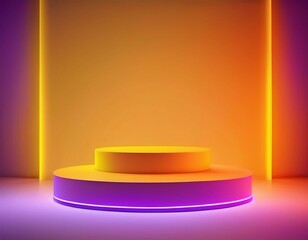 3D geometric cylinder podium featuring vibrant yellow orange and purple neon lights on a minimalist gradient background Abstract illustration ideal for showcasing summer holiday products.