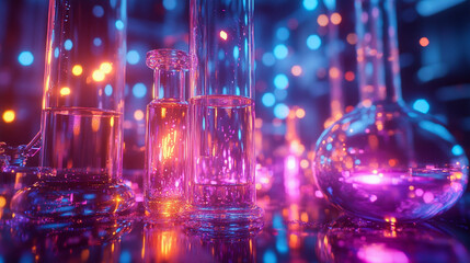 A collection of colorful glassware on a table against a vibrant neon backdrop.
