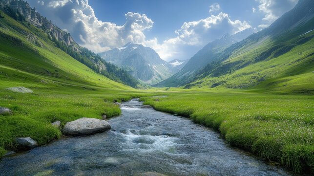Breathtaking Alpine Valley &ndash; Crystal Clear Stream Flowing Through Lush Green Meadows