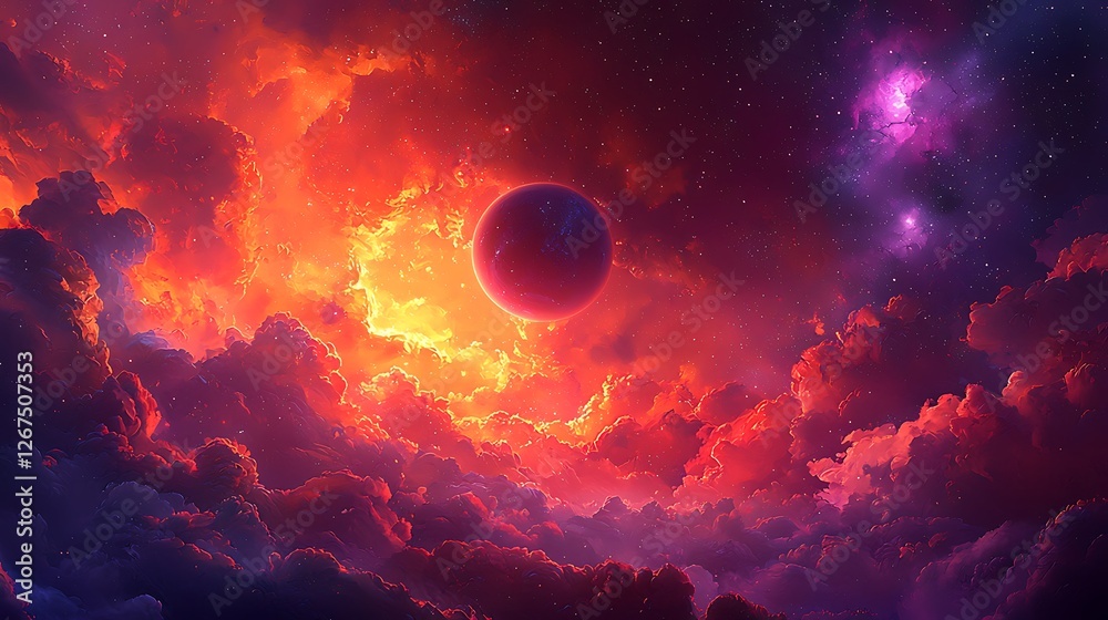 Poster fiery planet rises through nebula cloudscape