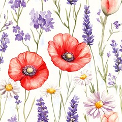 Floral Watercolor Seamless Pattern with Poppies