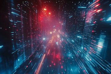 Fototapeta premium bright blue and red cityscape with a lot of lights. The lights are scattered throughout the scene, creating a sense of movement and energy. Scene is one of excitement and wonder