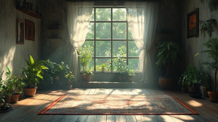 Fototapeta premium Sunlit room with plants and vintage decor