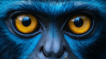 Close-up of a blue-furred primate's intense, yellow eyes.