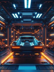 A futuristic car chassis illuminated in a high-tech manufacturing environment, showcasing sleek design and advanced technology.