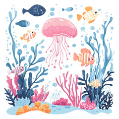 Naklejka premium Vibrant underwater scene with playful fish and a pink jellyfish swimming among colorful corals and seaweed