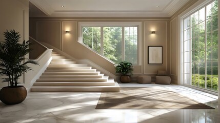 A large, open room with a staircase leading up to a balcony