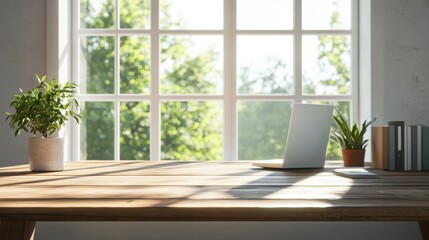 Obraz premium Wooden table in sunny office with big windows