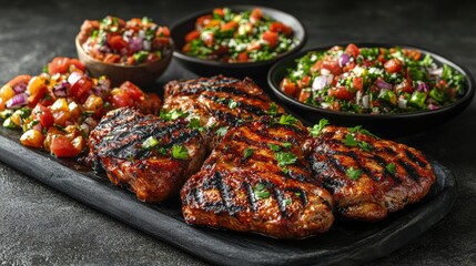Delicious Grilled Meats Platter with Vibrant Sides Perfect for Food Marketing and Stock Images