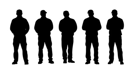 Casual Male Silhouettes Standing In A Row Wearing Hoodie And Jacket