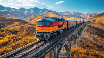 Vibrant orange train crossing a scenic bridge amidst autumn mountains and clear sky