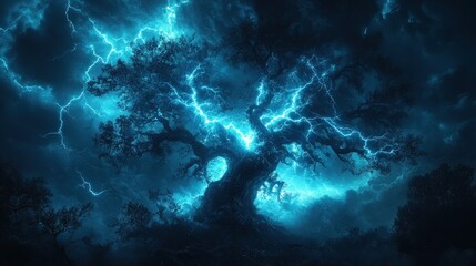 Ancient oak tree struck by lightning in a dark stormy night