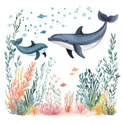 Fototapeta premium Whales and Colorful Coral Reef Underwater Scene Serene Ocean Life