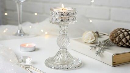 Crystal Candle Holder with Lit Candle