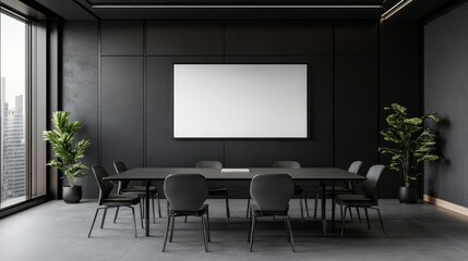 Meeting conference room with blank empty mockup tv screen monitor for advertising standing in modern contemporary office on black wall background. No people. Business technologies concept.
