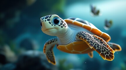 Fototapeta premium Colorful Sea Turtle Swimming Gracefully Underwater in Coral Reef