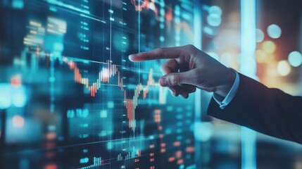 Attractive european businessman hand pointing at creative glowing forex chart on blurry office interior background. Trade, device, financial investment and technology concept. Double exposure